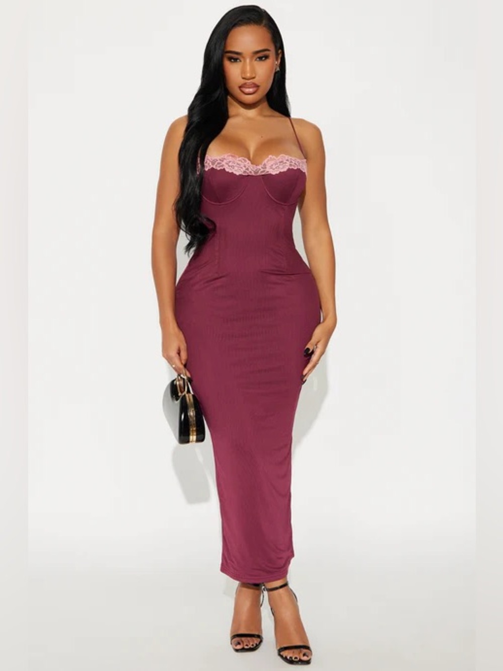 Fashion Nova Plum Maxi Dress with Pink Lace Trim